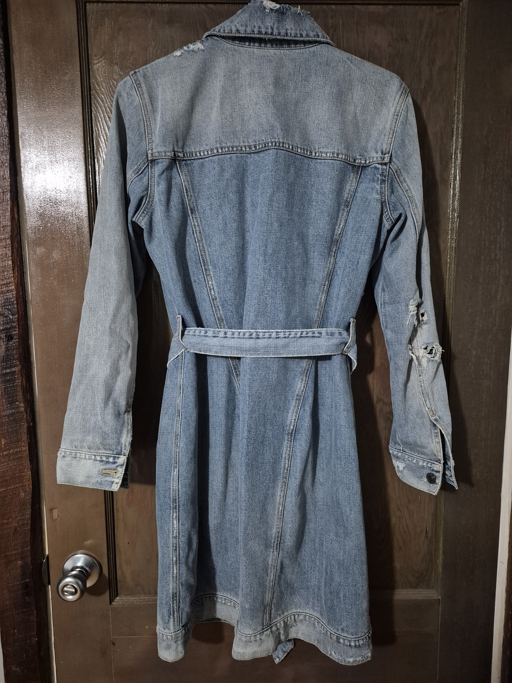 Distressed Light Blue Denim Trench Jacket - Women's - Picture 4 of 6